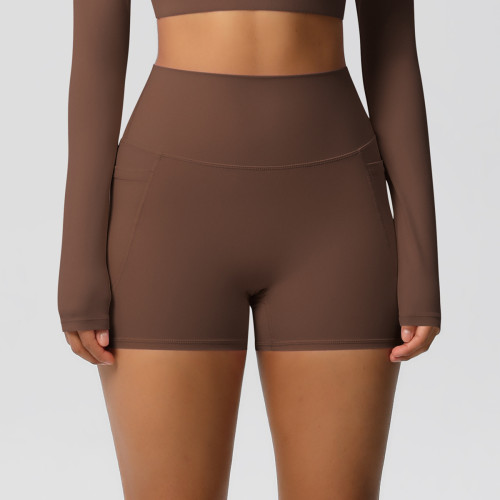 Cross-border European and American brushed solid color pocket high-waisted tight high-elastic yoga shorts for women, suitable for sports, running, and fitness