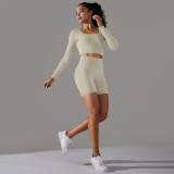 Cross-border European and American seamless knitted solid color polka dot high-elastic tight-fitting breathable yoga outfit set for running and fitness two-piece set
