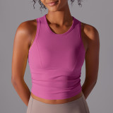 New double-sided nylon solid color tight-fitting tummy-covering round-neck sports vest for running, fitness, and yoga, long top for women