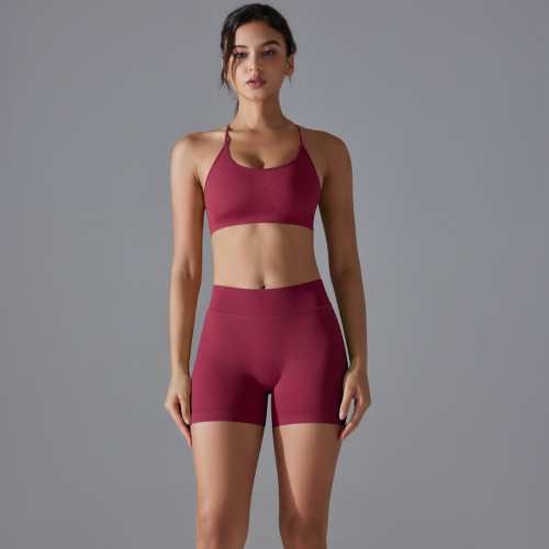 New seamless solid color cross-back high-elastic tight-fitting sports bra and yoga outfit set for running and fitness two-piece set