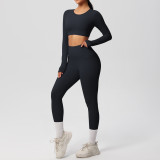 In-stock cross-border solid color double-sided brushed breathable high-elasticity tight-fitting yoga outfit set for sports, running, and fitness two-piece set