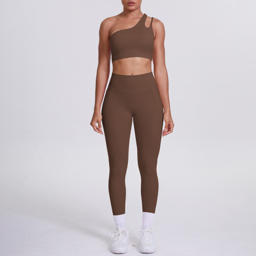 Cross-border European and American double-sided brushed nylon one-shoulder yoga outfit set with sports running fitness pocket pants two-piece set