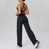 Cross-border European and American solid color double-sided brushed fabric cross-back sports bra yoga outfit set for running and fitness two-piece set