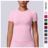 New cross-border European and American seamless solid color tight-fitting high-elastic breathable T-shirt for sports, running, fitness, and yoga for women