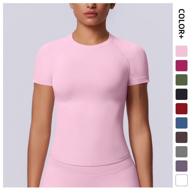 New cross-border European and American seamless solid color tight-fitting high-elastic breathable T-shirt for sports, running, fitness, and yoga for women