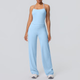 In-stock cross-border seamless double-sided nylon backless tight-fitting sports wide-leg yoga outfit set for running and fitness two-piece set
