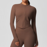 In-stock cross-border quick-dry naked-feel brushed gym zip-up jacket running sports tight-fitting long-sleeve yoga top for women