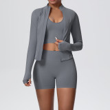 Cross-border seamless solid color high-elastic tight-fitting breathable short jacket yoga outfit sports running fitness three-piece set