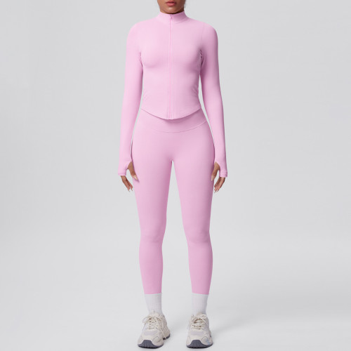 Cross-border seamless solid color tight-fitting high-elastic breathable zippered nine-point sports suit for running, fitness, and yoga two-piece set