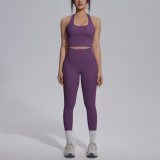 New cross-border solid color double-sided nylon tight-fitting backless yoga outfit set for sports, running, and fitness, two-piece yoga set