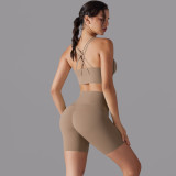 New style no-underwear three-quarter shorts yoga outfit set with beautiful back cross sports bra fitness yoga outfit set