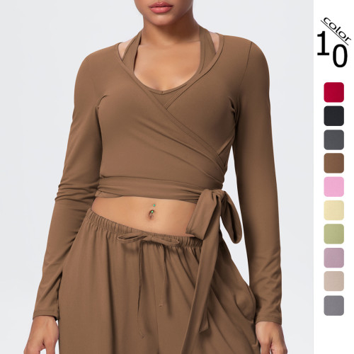 New cross-border solid color brushed quick-dry tight-fitting cross-strap V-neck long-sleeve sports running fitness yoga top for women
