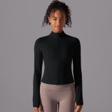 New solid color stand-up collar long zipper long-sleeve jacket, brushed tight-fitting sports running fitness yoga top for women