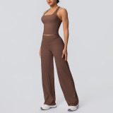 Cross-border European and American brushed solid color tight-fitting racerback sports suit for running, fitness, and yoga, wide-leg two-piece set