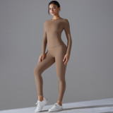 New solid color double-sided brushed high-elastic high-waisted tight-fitting butt-lifting training yoga outfit set for women, suitable for running and fitness