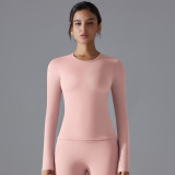 New double-sided brushed solid color long yoga shirt with long sleeves, high elasticity, breathable, suitable for sports, running, fitness, and casual wear for women