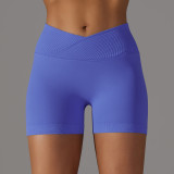 Cross-border European and American seamless knitted breathable solid color cross-waist peach butt yoga shorts for women, suitable for running and fitness