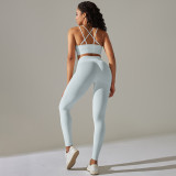 New cross-border seamless solid color high-elastic sports bra and underwear yoga outfit set for running and fitness, two-piece set