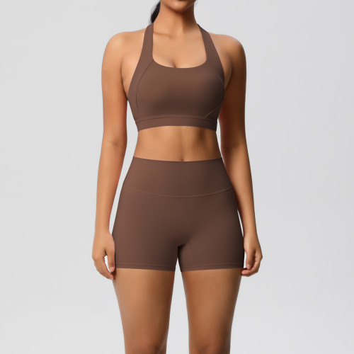 Cross-border cloud-feel tight-fitting yoga sports vest, shockproof bra, butt-lifting shorts, running fitness yoga outfit two-piece set
