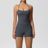 In-stock cross-border solid color double-sided brushed long tank top with beautiful back design, tight-fitting sports running fitness yoga wear for women