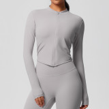 In-stock cross-border quick-dry naked-feel brushed gym zip-up jacket running sports tight-fitting long-sleeve yoga top for women