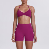 Cross-border seamless solid color halter neck bra and shorts yoga outfit set, tight-fitting running and fitness two-piece set