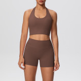 New cross-border solid color double-sided brushed tight-fitting halter neck shorts yoga outfit set for sports, running, and fitness two-piece set