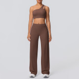 Cross-border European and American double-sided nylon brushed one-shoulder yoga outfit set for women, suitable for sports, running, and fitness, with wide-leg two-piece design