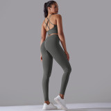 Cross-border European and American seamless knitted solid color high-elastic tight-fitting yoga outfit set, two-piece running and fitness wear for women