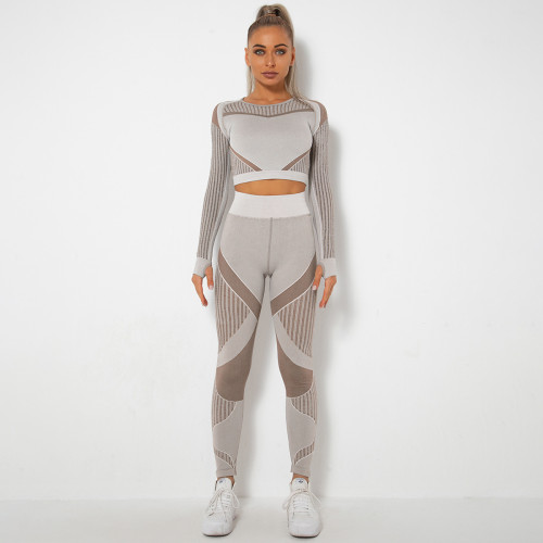 In stock!European and American seamless hollow-out moisture-wicking yoga long-sleeve set, yoga clothing for sports, fitness, running, and yoga pants for women
