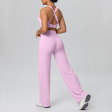 Cross-border European and American solid color double-sided brushed fabric cross-back sports bra yoga outfit set for running and fitness two-piece set