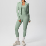 Cross-border European and American solid color brushed fabric breathable strap yoga outfit set, three-piece running and fitness sportswear for women