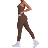 Cross-border European and American brushed solid color tight-fitting racerback pocket sports suit two-piece set for running, fitness, and yoga