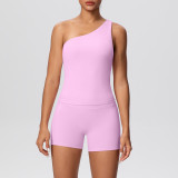 Cross-border double-sided brushed fabric seamless tight-fitting one-shoulder tank top and shorts sports set for running, fitness, and yoga two-piece outfit