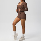 New cross-border solid color brushed fabric breathable strap yoga outfit set, three-piece running and fitness sportswear for women