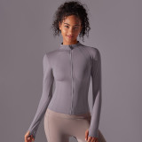 New solid color slim-fit stand-up collar zip-up long-sleeve jacket, brushed fabric sports running fitness long yoga top for women