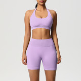 Cross-border seamless backless halter neck sports bra and shorts yoga outfit set, tight-fitting running and fitness two-piece set