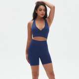 Cross-border seamless knitted high-elastic tight-fitting sexy yoga outfit set with cross-back design for running and fitness, two-piece set