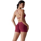 New seamless solid color cross-back high-elastic tight-fitting sports bra and yoga outfit set for running and fitness two-piece set