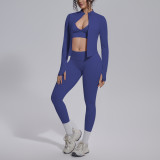 New cross-border seamless solid color tight-fitting high-elastic breathable three-piece sports running fitness yoga outfit set