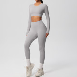 In-stock cross-border solid color double-sided nylon brushed nude-feel tight-fitting sports yoga outfit set for running and fitness two-piece set