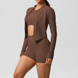 Cross-border cloud-feel brushed short-sleeve sports zip-up jacket, pocket shorts, butt-lifting fitness yoga outfit three-piece set