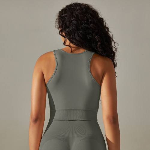 Cross-border European and American seamless tight-fitting mid-length solid color high-elasticity yoga tank top sports running fitness yoga wear