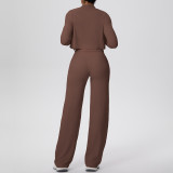 Cross-border solid color brushed tight-fitting tank top, wide-leg long pants, three-piece sports running fitness yoga outfit set