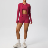 New cross-border solid color nude-feel brushed long-sleeve jacket tight-fitting three-piece sports running fitness yoga outfit set
