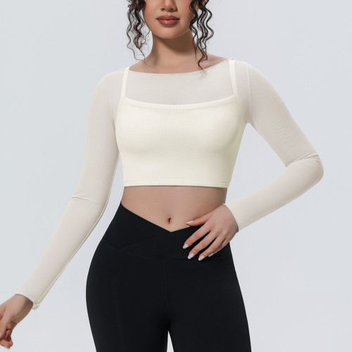 New cross-border solid color mesh double-layer breathable faux two-piece long-sleeve casual sports running fitness yoga top