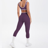 New cross-border brushed fabric color-block tight-fitting breathable cross-over wide-leg yoga outfit set for sports, running, and fitness two-piece set