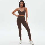 New cross-border seamless solid color tight-fitting sexy strap-back yoga outfit set for sports, running, and fitness two-piece set