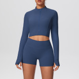 In-stock cross-border solid color double-sided brushed naked-feel short jacket set, tight-fitting running fitness yoga two-piece outfit