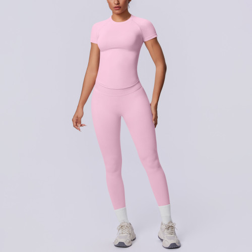 Cross-border European and American seamless knitted solid color tight-fitting breathable long yoga outfit set for sports, running, and fitness two-piece set